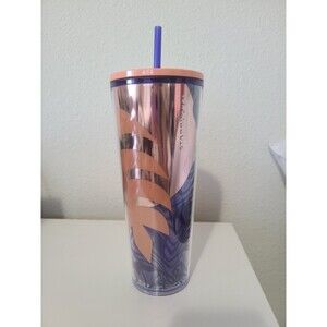 Starbucks Palm Leaf Summer Purple Peach Rose Gold Cold Cup Tumbler 24oz